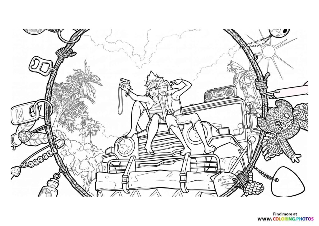 Two adventurers on a raft with tropical plants and jungle gear from Forgotten Island coloring page