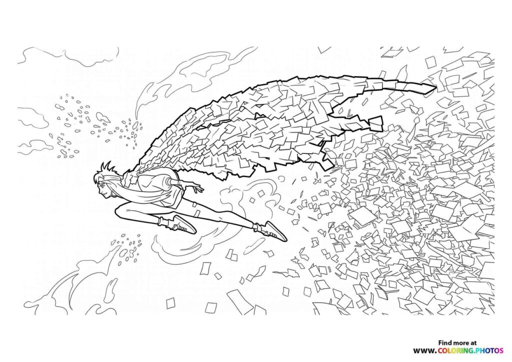 Character flying through crumbling rocks and debris cloud coloring page from Forgotten Island