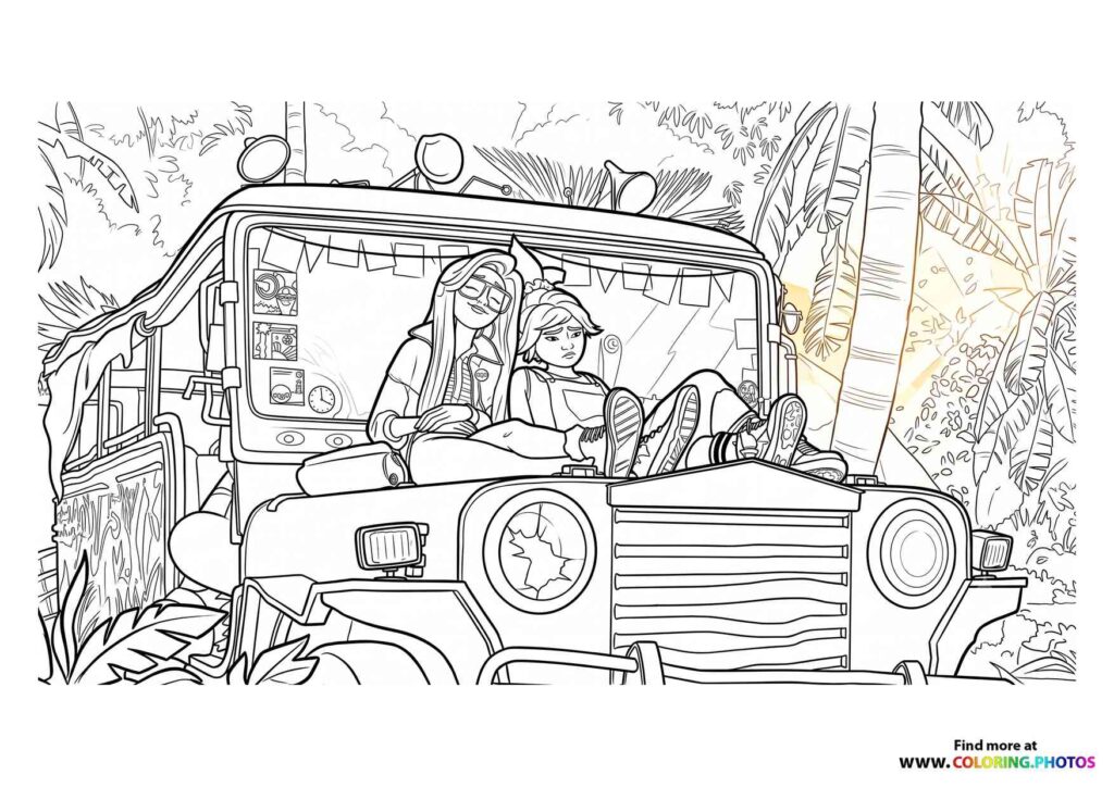 Two characters in a vintage jeep surrounded by jungle vegetation and palm trees on Forgotten Island coloring page