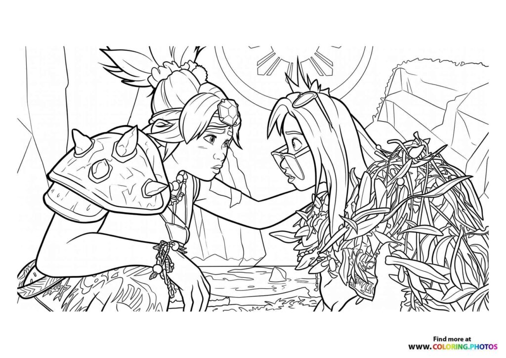 Two armored warriors facing each other with a shipwreck behind them on Forgotten Island coloring page