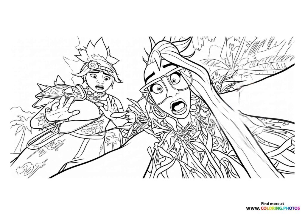 Two adventurers exploring Forgotten Island with tropical plants and magic staff coloring page