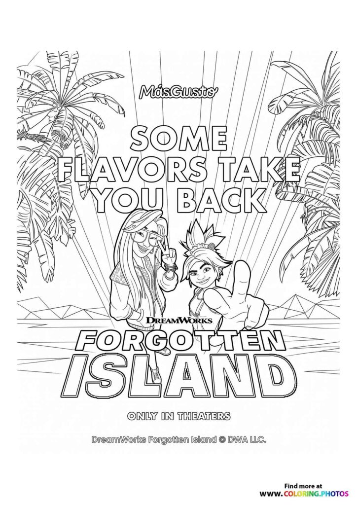 Two characters from Forgotten Island standing in tropical setting with banana plants coloring page