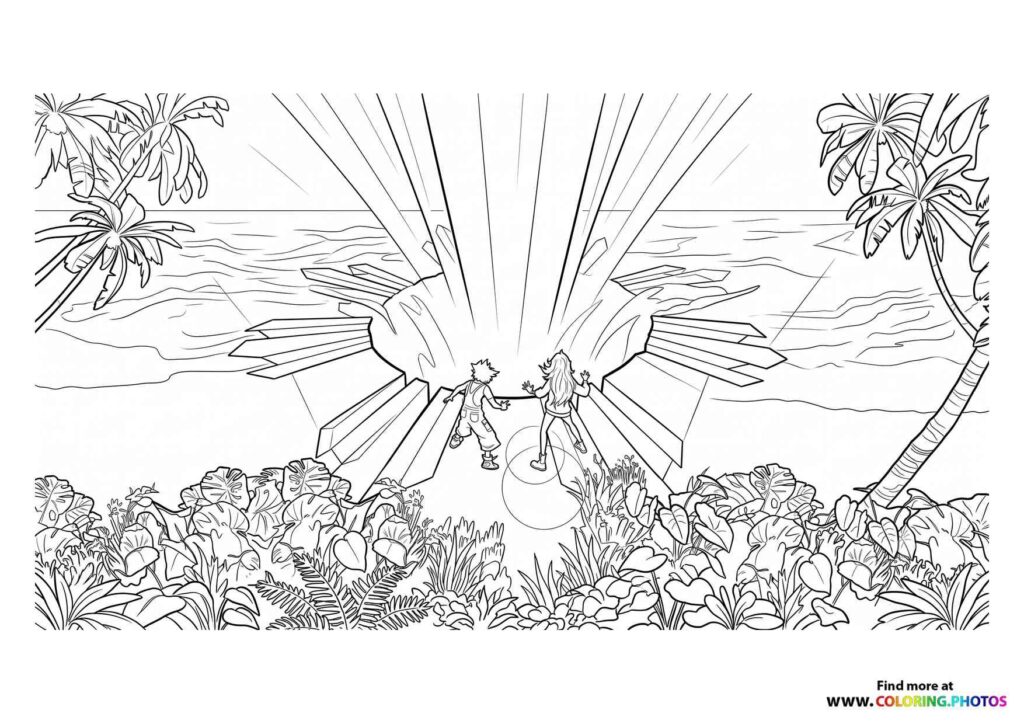 Two characters standing on a tropical beach at sunset with palm trees and flowering plants coloring page from Forgotten Island