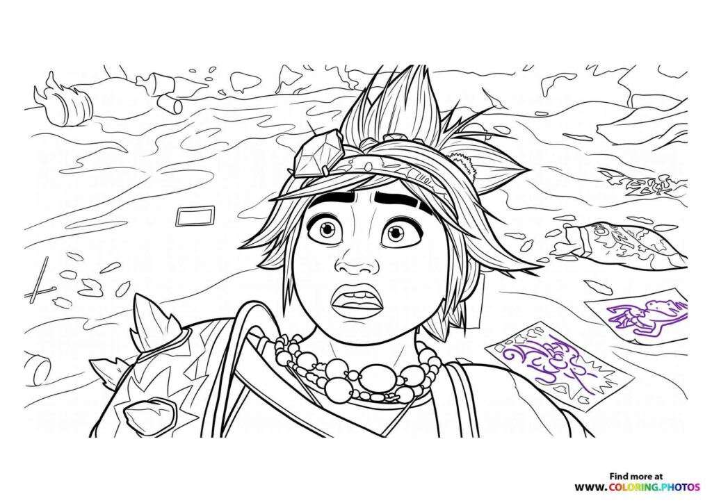Character with feathered headpiece and beaded necklace discovering treasure maps and artifacts on a beach coloring page from Forgotten Island
