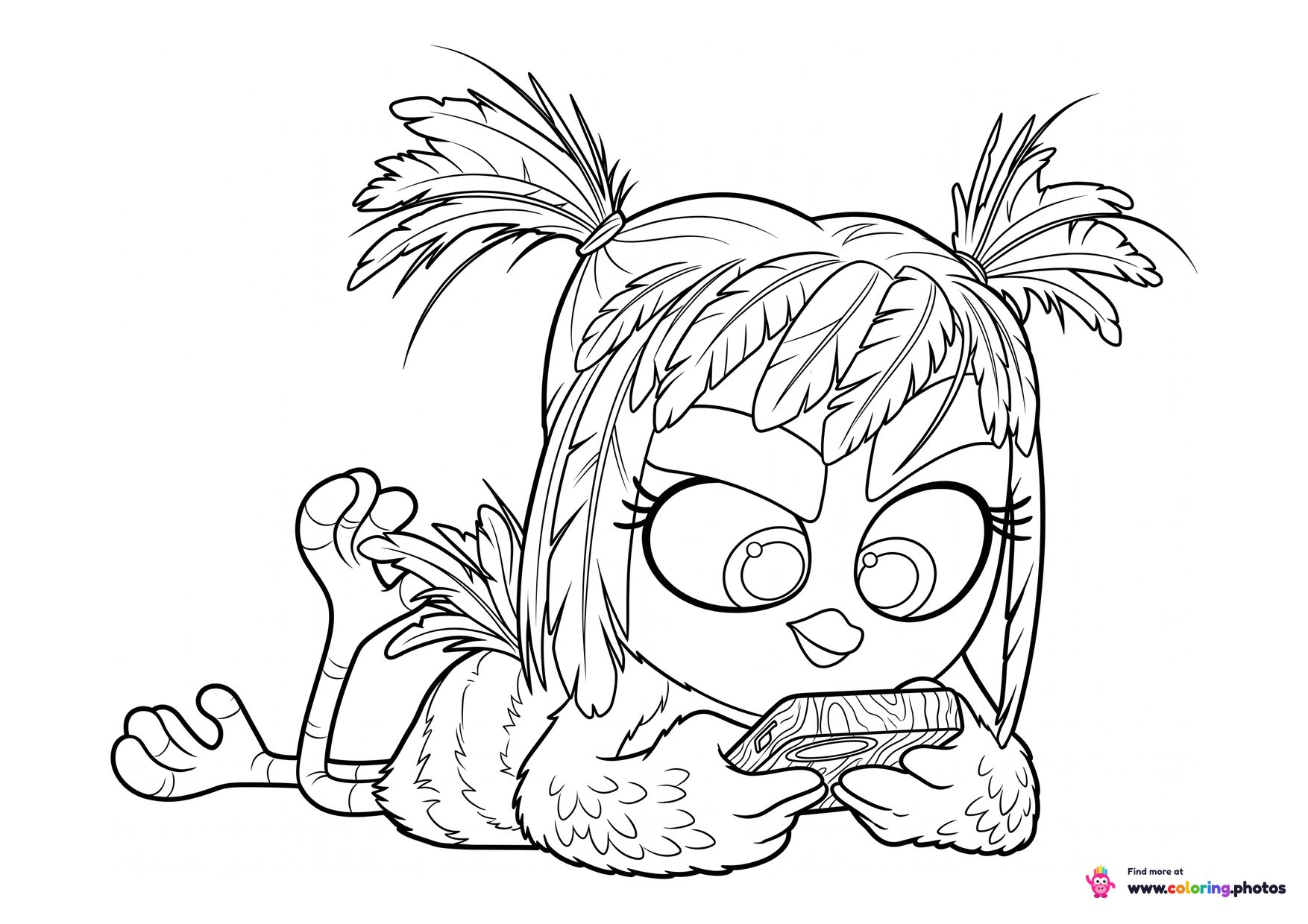 June coloring page from Angry Birds lying down with tied up head feathers looking at her phone