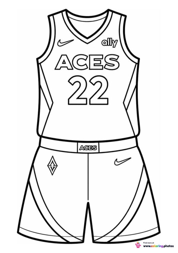 Las Vegas Aces basketball jersey coloring page showing the top and shorts with number 22