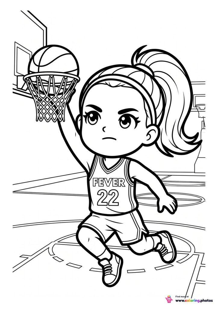 Cartoon style coloring page of a young basketball player doing a layup in a Fever jersey