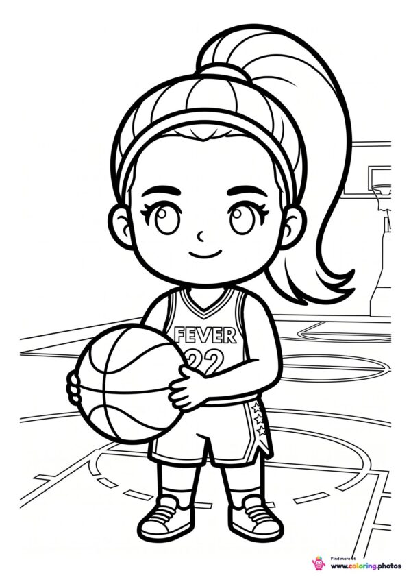 Cartoon style coloring page of a young basketball player holding a ball in both hands