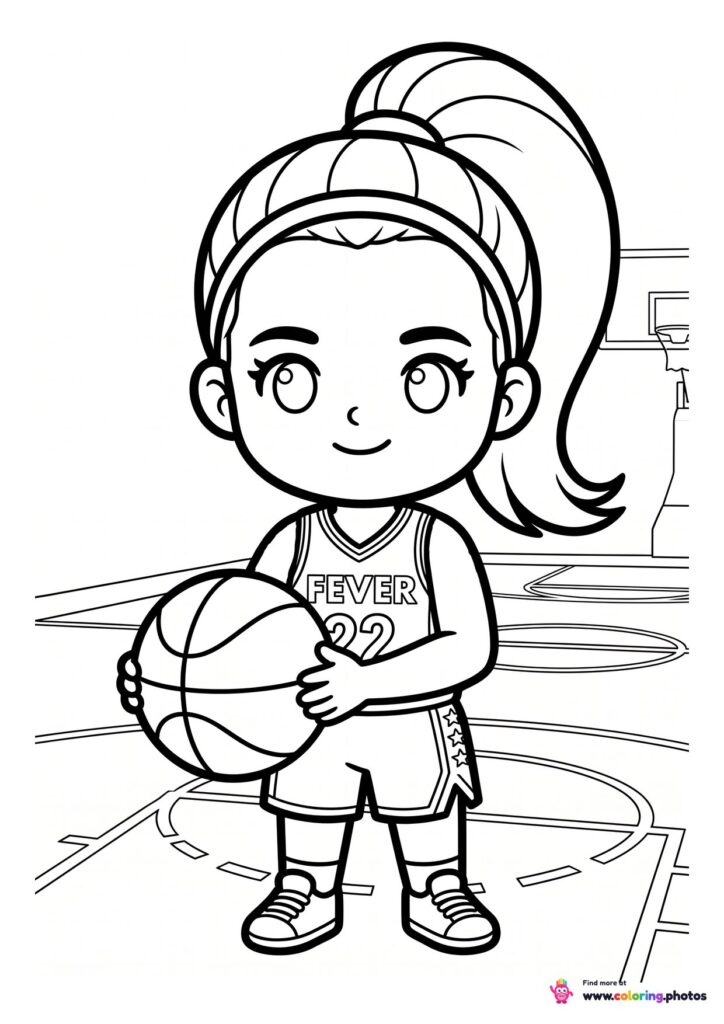 Cartoon style coloring page of a young basketball player holding a ball in both hands