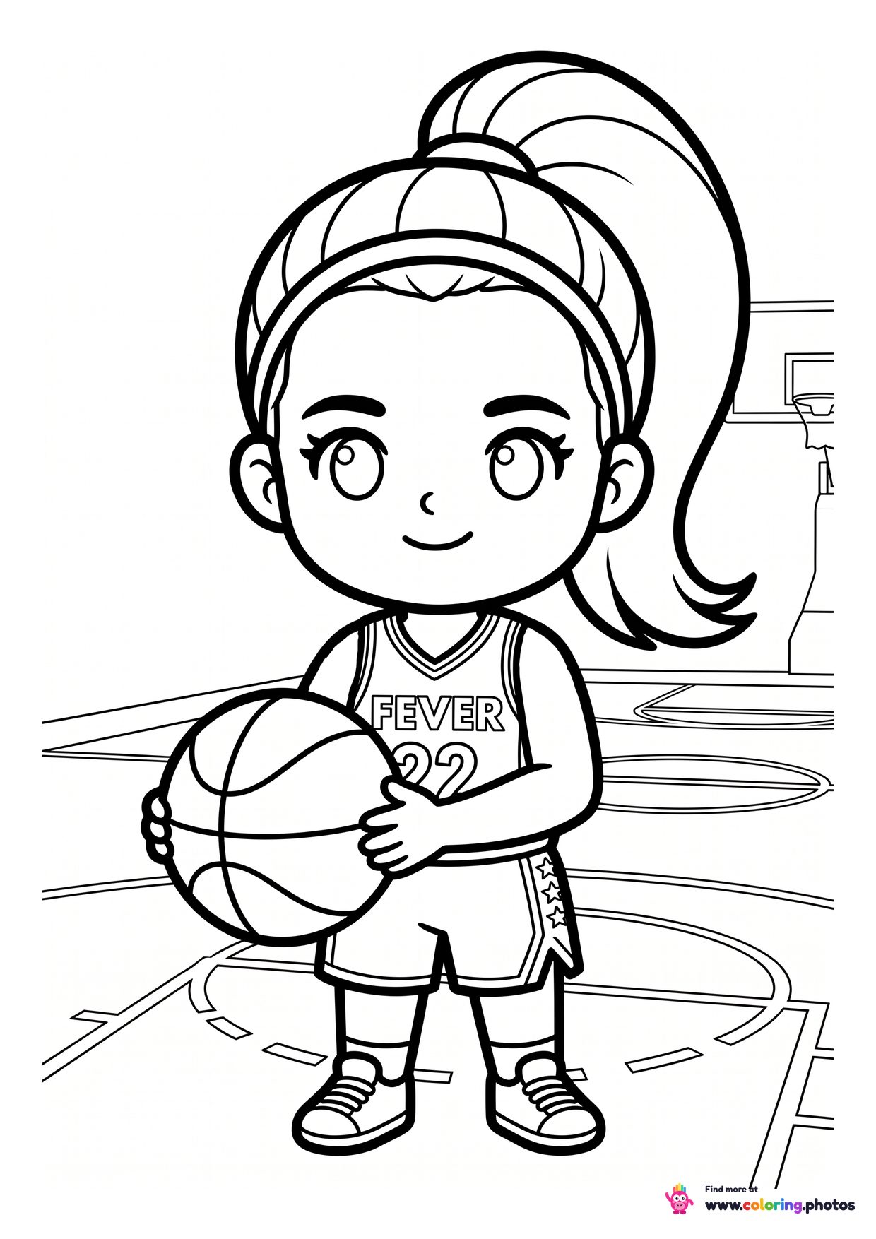 Cartoon style coloring page of a young basketball player holding a ball in both hands