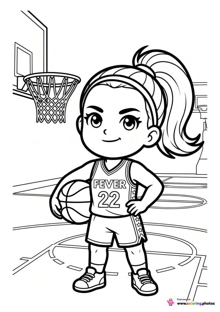 Cartoon style coloring page of a young basketball player in a Fever number 22 jersey holding a ball