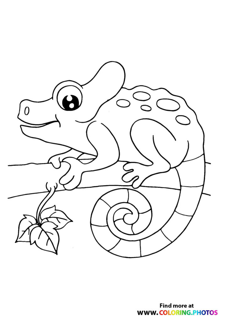 Chameleon with spotted back and curled tail on a branch with leaves, coloring page