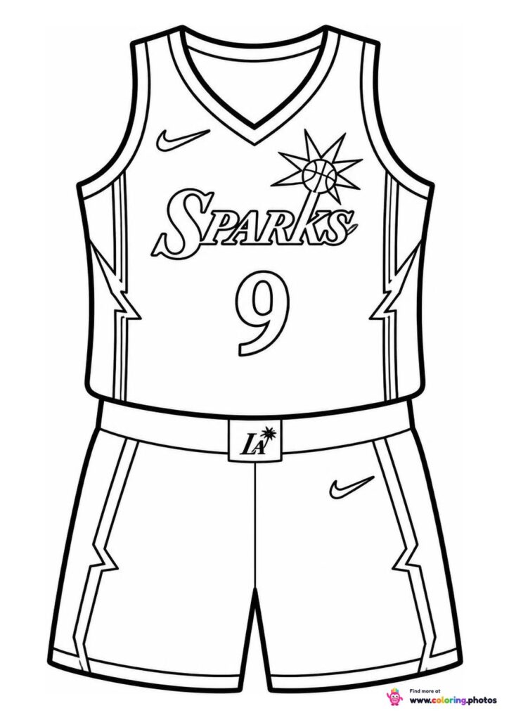 Los Angeles Sparks basketball jersey coloring page showing the top and shorts with number 9