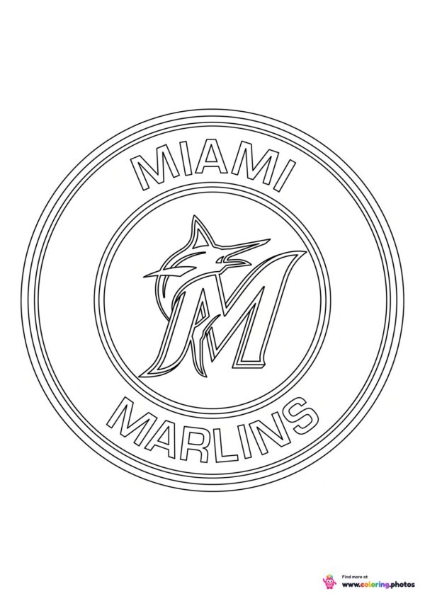 Miami Marlins logo coloring page with the team crest in black and white outline