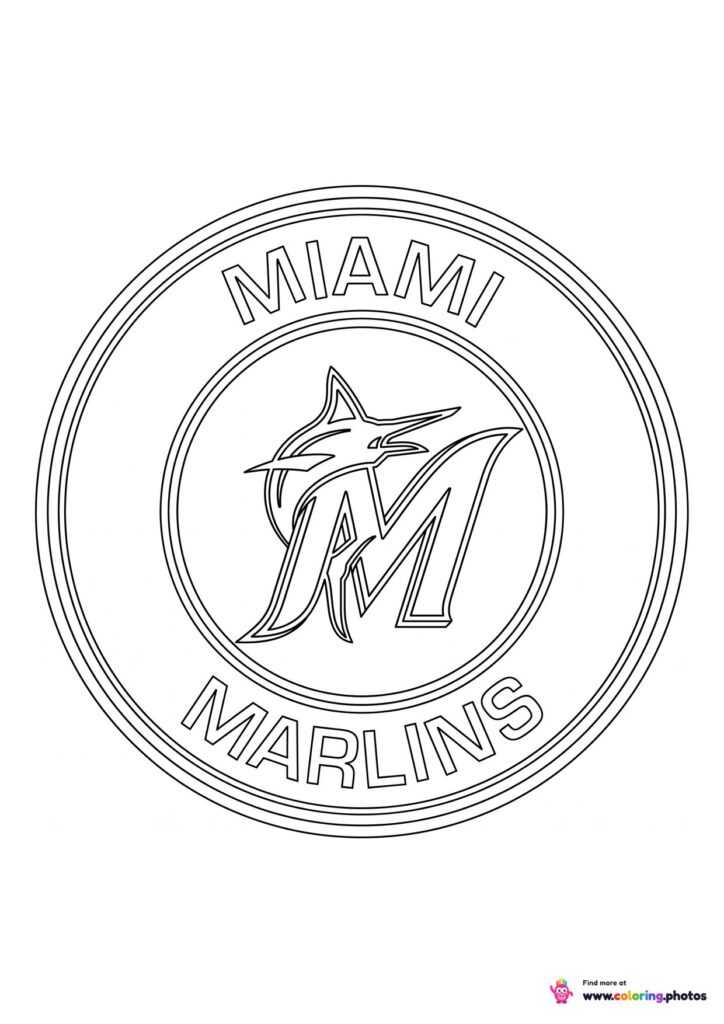 Miami Marlins logo coloring page with the team crest in black and white outline