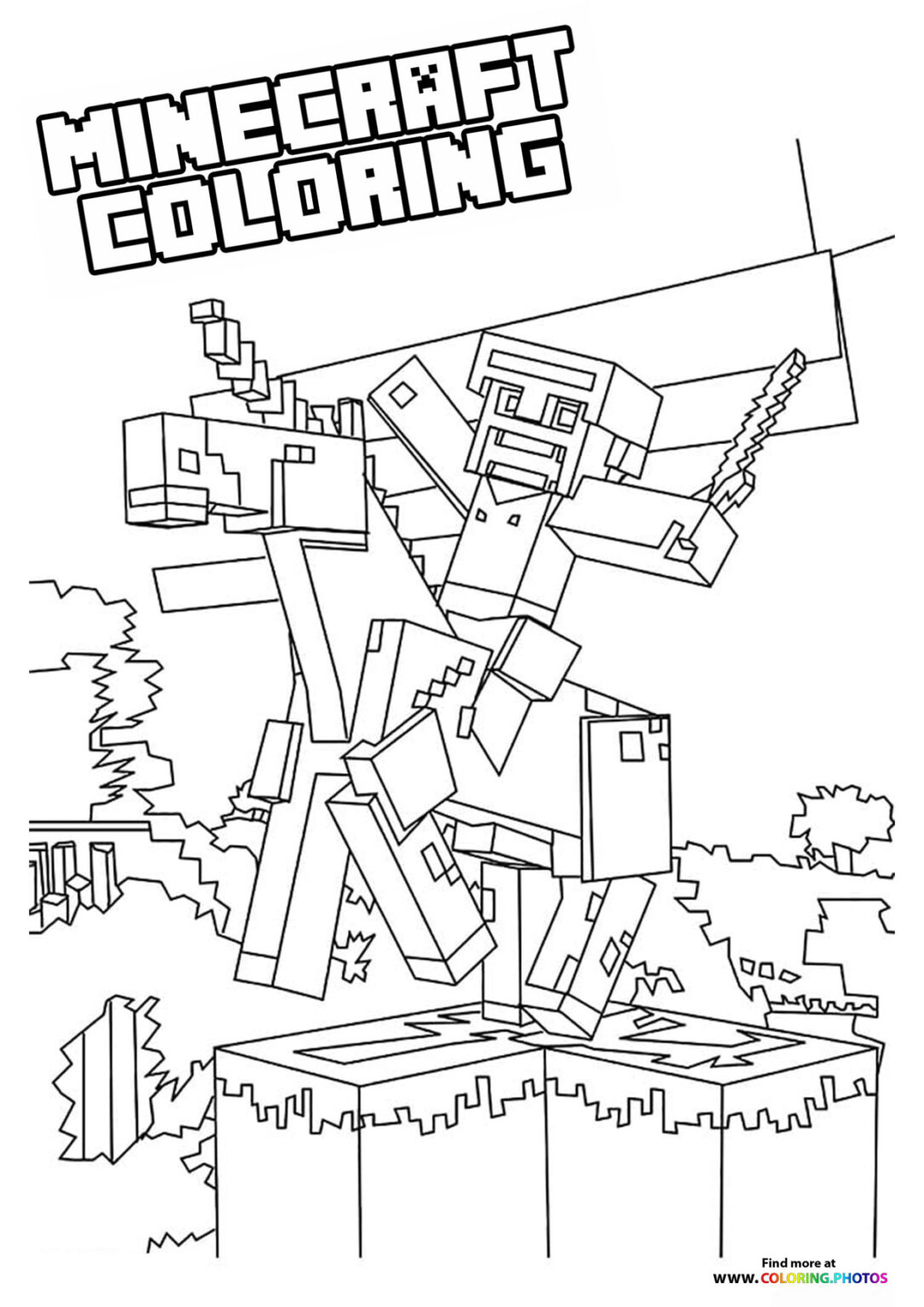 Minecraft Steve riding an Unicorn - Coloring Pages for kids