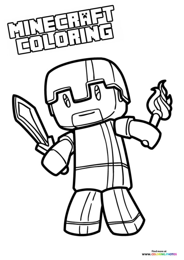 Minecraft Steve with a sword and torch coloring page