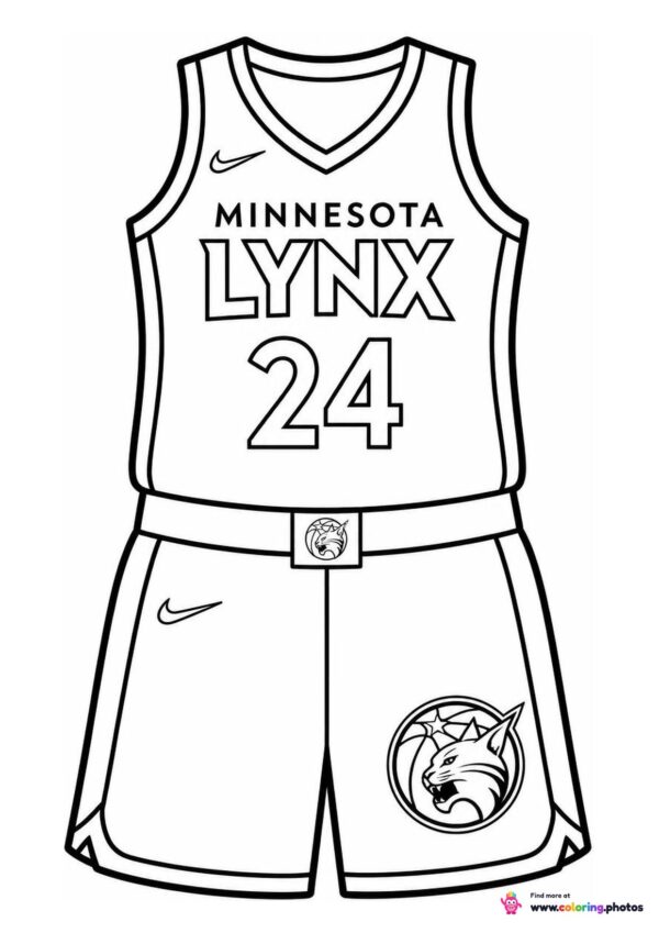 Minnesota Lynx basketball jersey coloring page showing the top and shorts with number 24