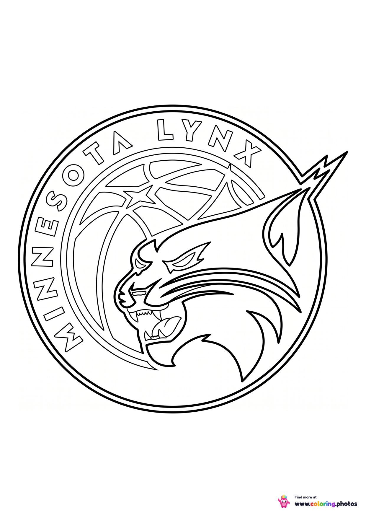 Minnesota Lynx logo coloring page with the team crest in black and white outline
