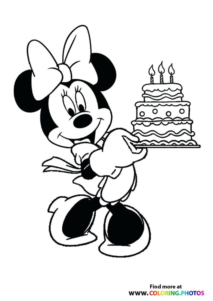 Minnie Mouse holding a three-tiered birthday cake with candles coloring page