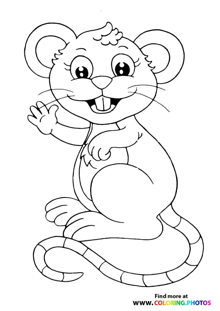 Happy cartoon mouse waving with big ears and segmented tail coloring page