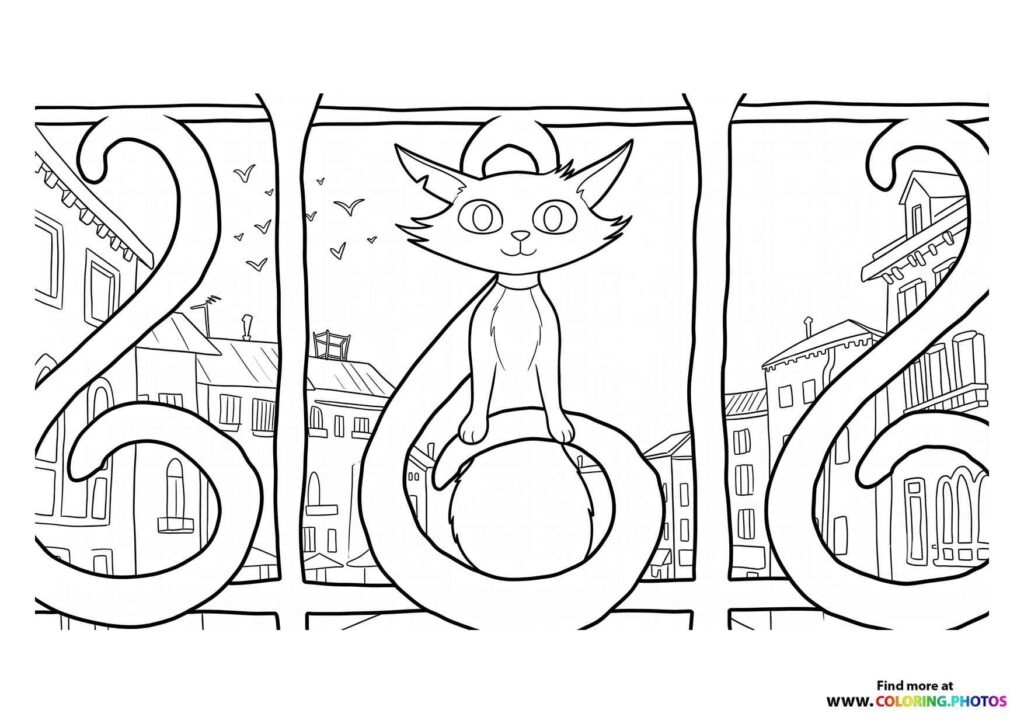 Gatto the cat sitting on his curved tail with town buildings in background coloring page