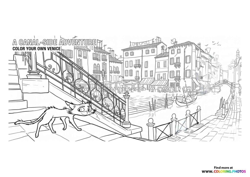 Gatto cat character on a Venetian canal bridge with historic buildings and gondolas in the background coloring page