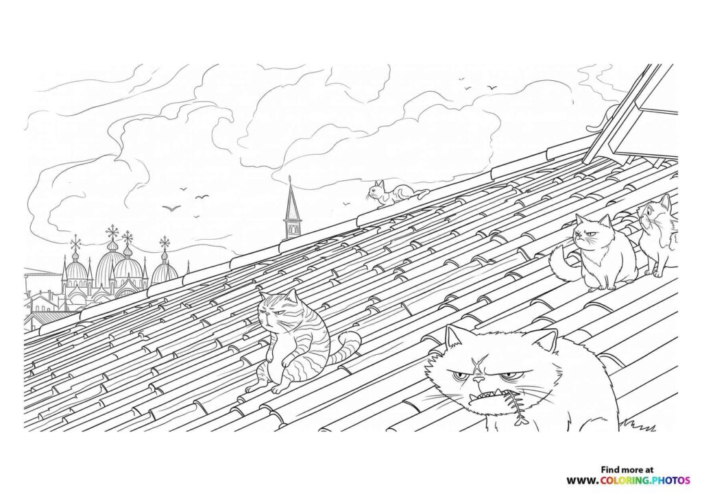 Gatto and other cats on a Venetian rooftop with basilica in background coloring page