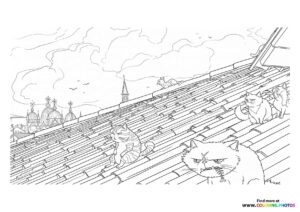 Nero and Cats on Venetian Rooftop Coloring Page