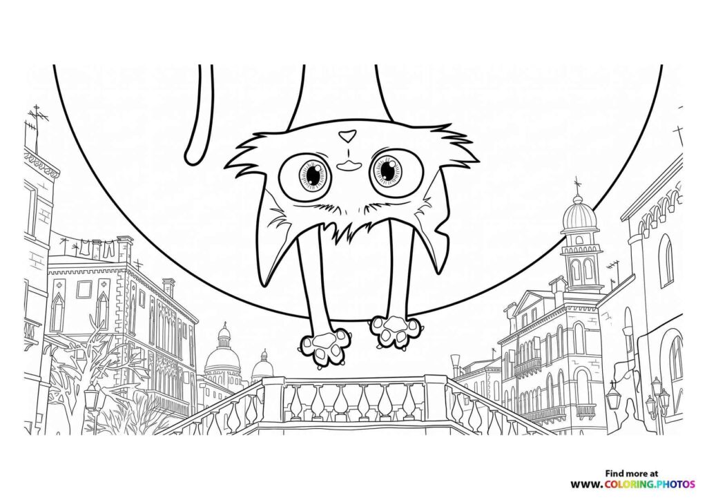 Gatto the cat with big eyes and long whiskers sitting on a balcony overlooking an Italian city coloring page
