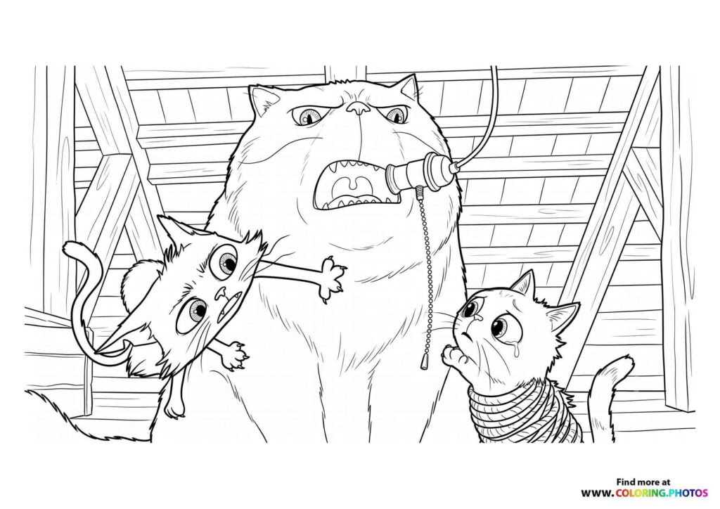 Large fluffy cat holding a microphone with two playful kittens climbing on her coloring page from Gatto