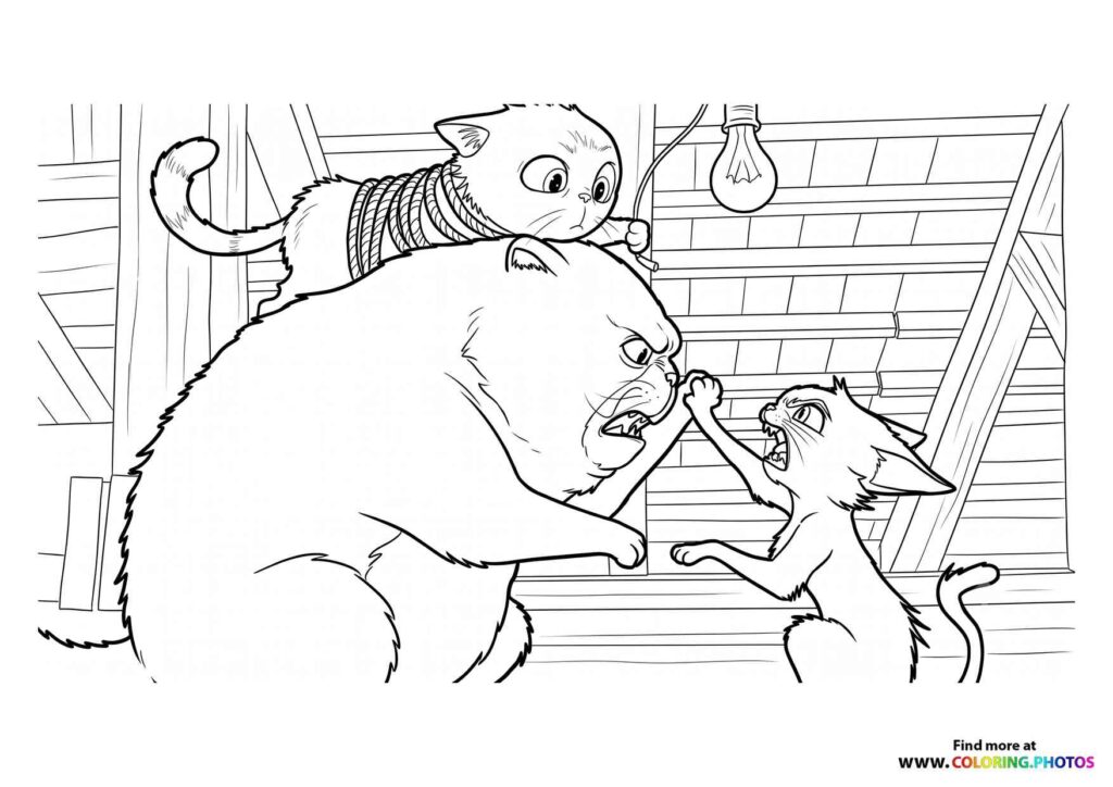 Three animated cats playing together indoors with wooden ceiling and lightbulb coloring page from Gatto