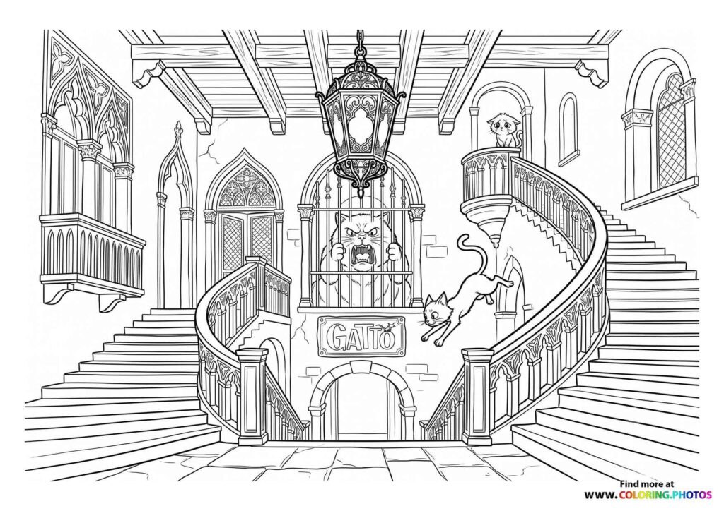 A cat jumping through an ornate cathedral hall with spiral staircases and hanging lantern from Gaito coloring page