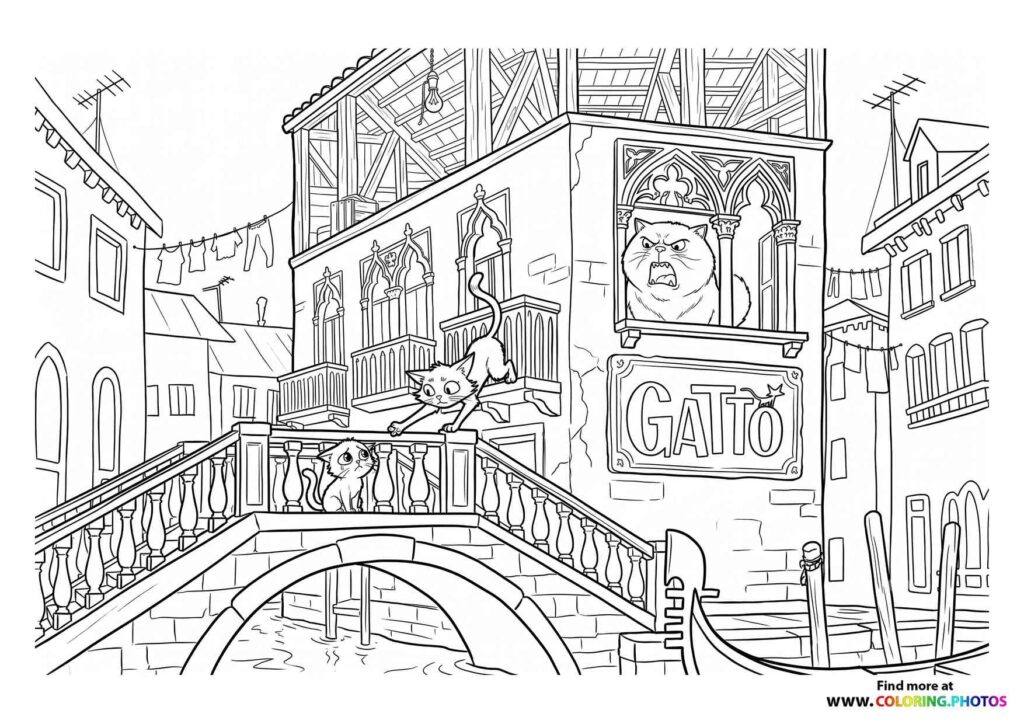 Gatto the cat on a Venetian bridge with theater sign and historic buildings coloring page from Gatto animated movie
