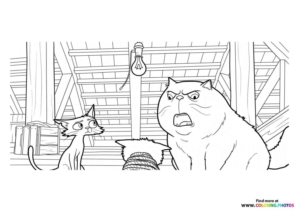 Angry white cat confronting a scared cat in a barn coloring page from Gatto