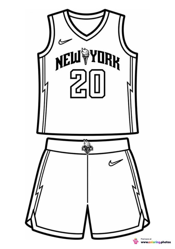 New York Liberty basketball jersey coloring page showing the top and shorts with number 20