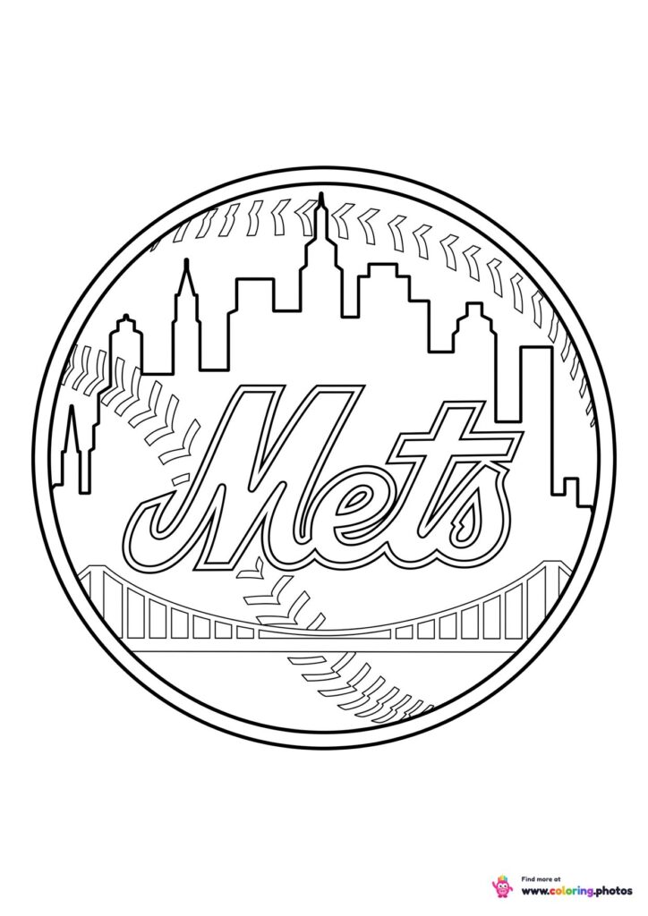 New York Mets logo coloring page with the team crest in black and white outline