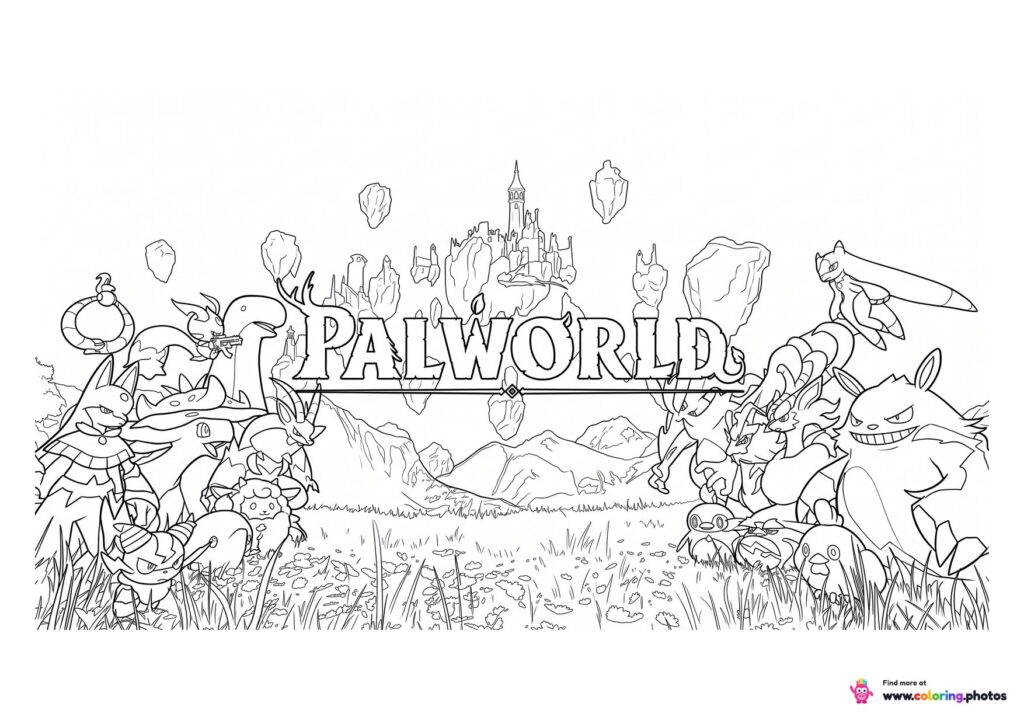 Palworld characters and Pals scene coloring page