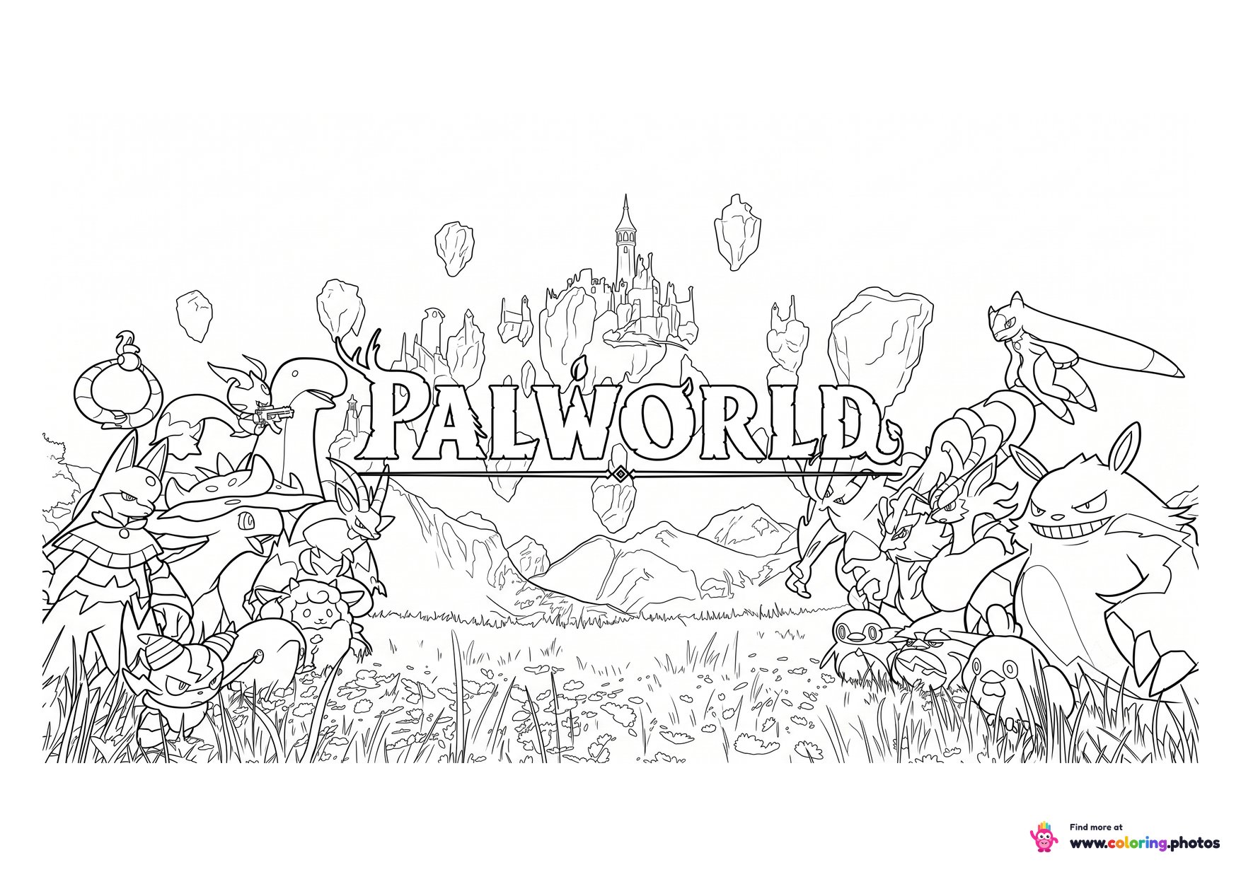 Palworld characters and Pals scene coloring page