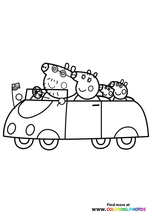 Peppa Pig driving with family coloring page