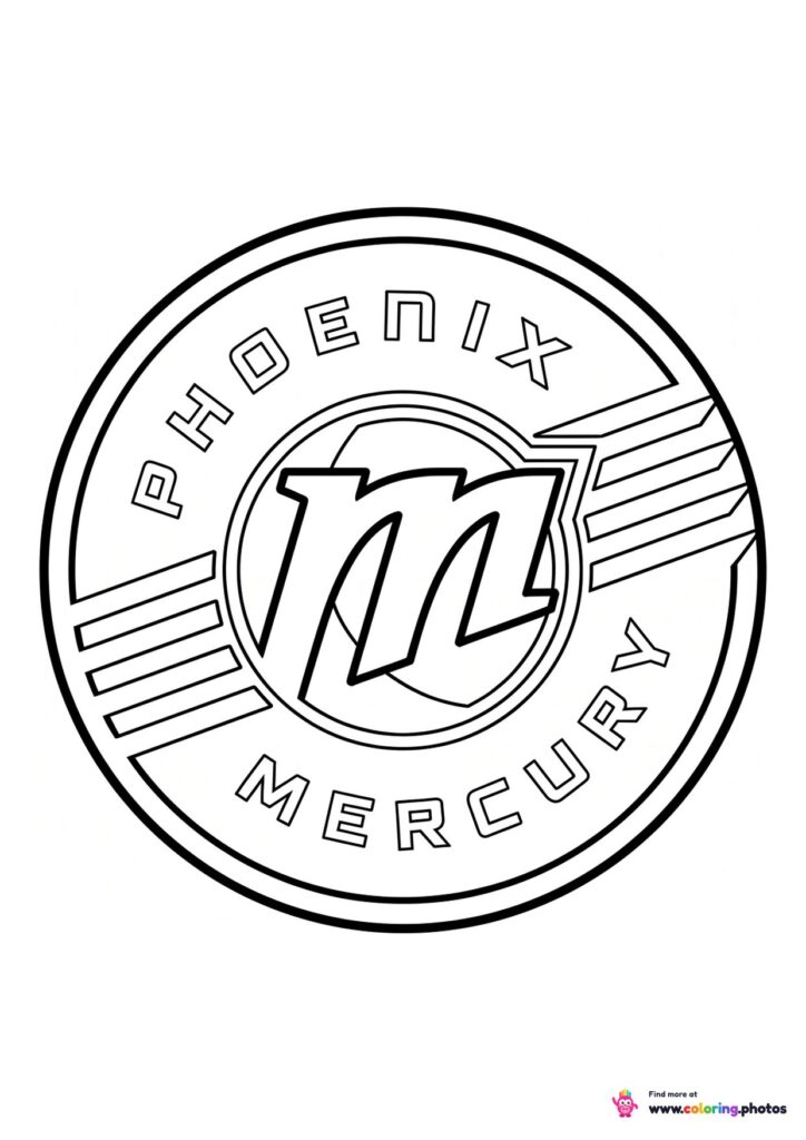 Phoenix Mercury logo coloring page with the team crest in black and white outline