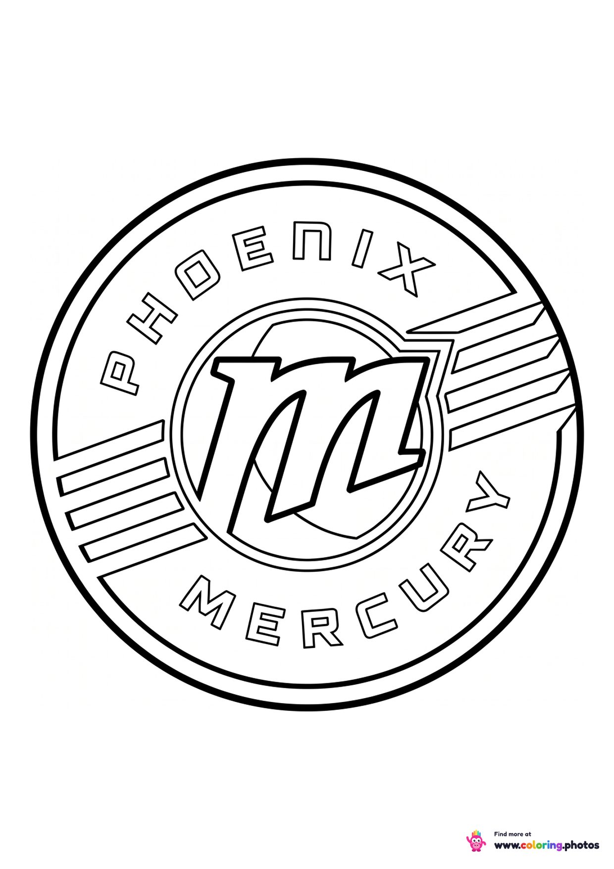 Phoenix Mercury logo coloring page with the team crest in black and white outline