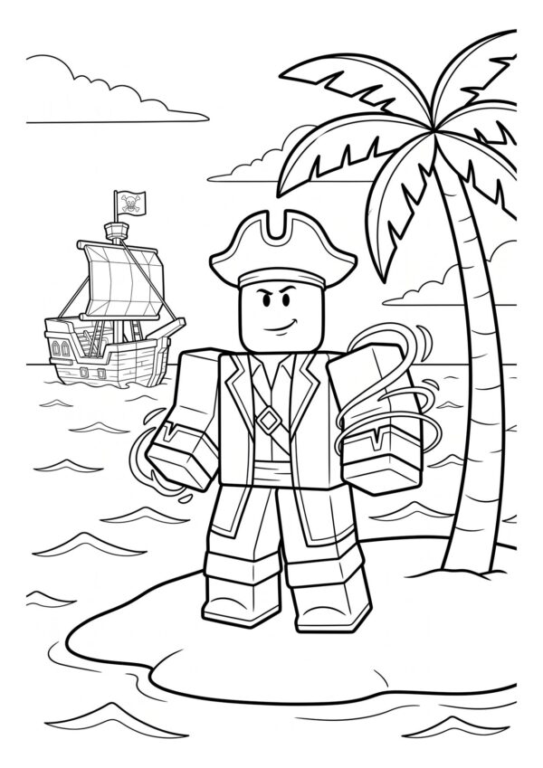 Pirate captain coloring page from Blox Fruits standing on an island with a palm tree and a ship in the background