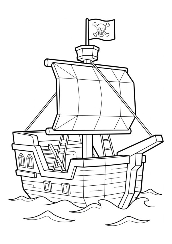 Pirate ship coloring page from Blox Fruits with a skull flag and full sail on the water