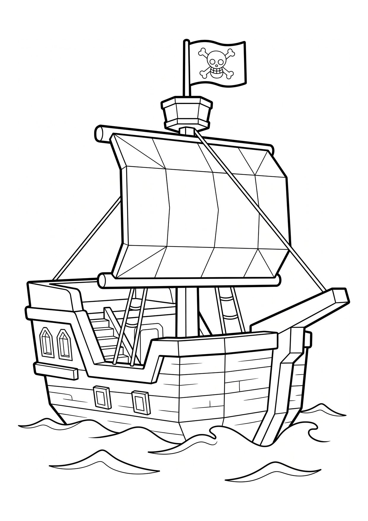 Pirate ship coloring page from Blox Fruits with a skull flag and full sail on the water