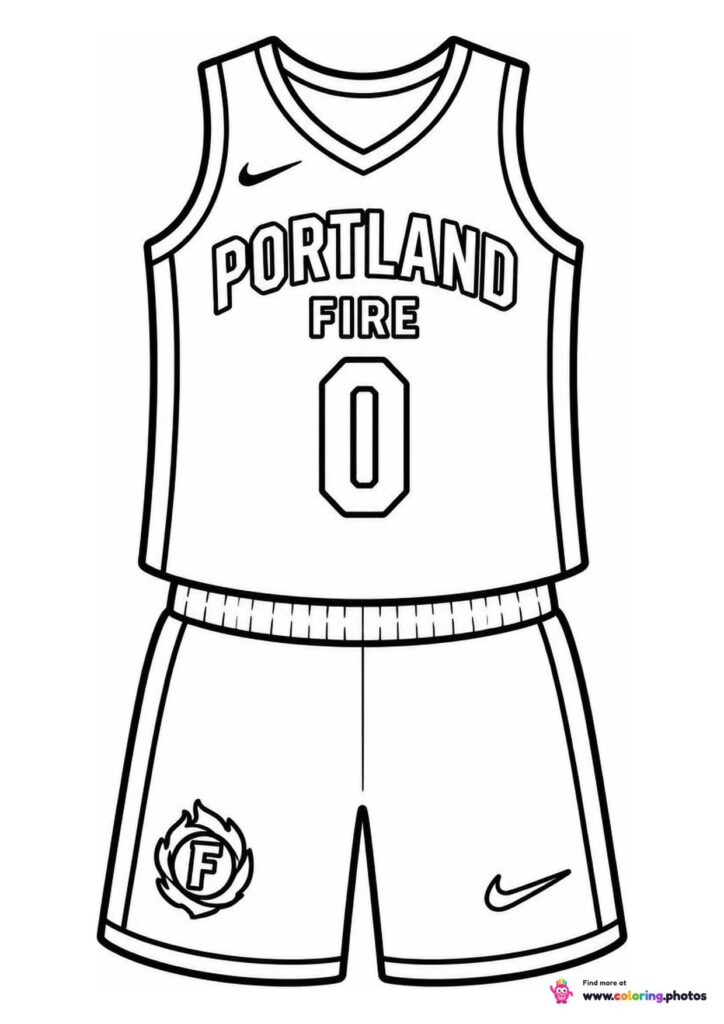 Portland Fire basketball jersey coloring page showing the top and shorts with number 0