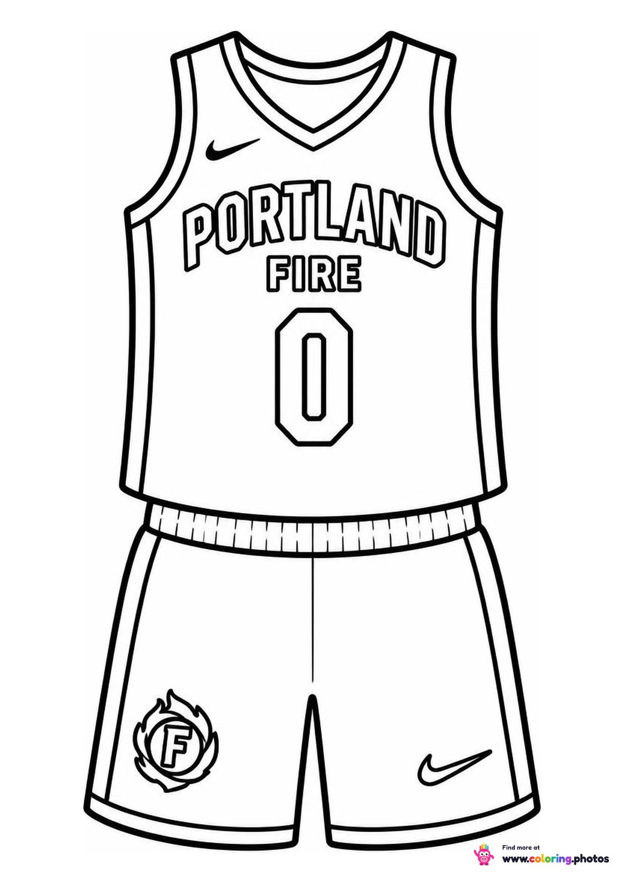 Portland Fire basketball jersey coloring page showing the top and shorts with number 0