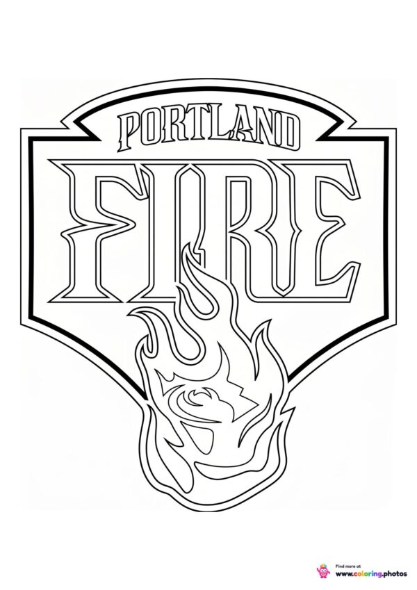 Portland Fire logo coloring page with the team crest in black and white outline