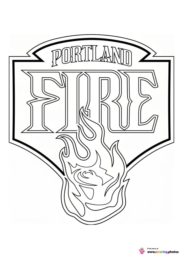 Portland Fire logo coloring page with the team crest in black and white outline
