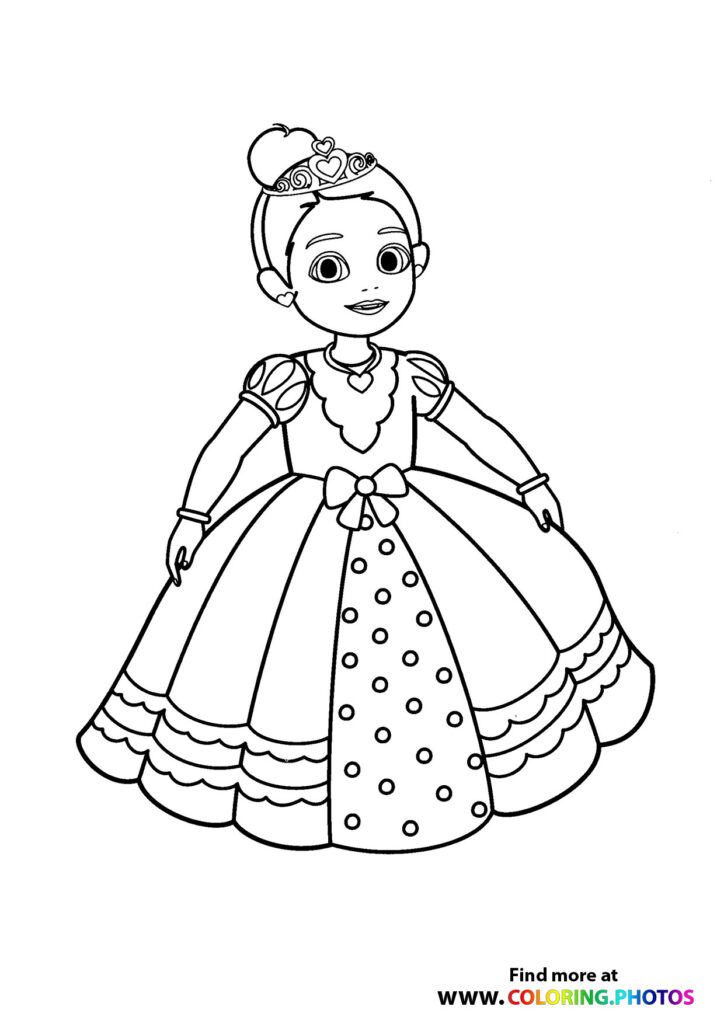 Young princess wearing tiara and ornate ball gown with layered ruffles and polka-dot skirt panel coloring page